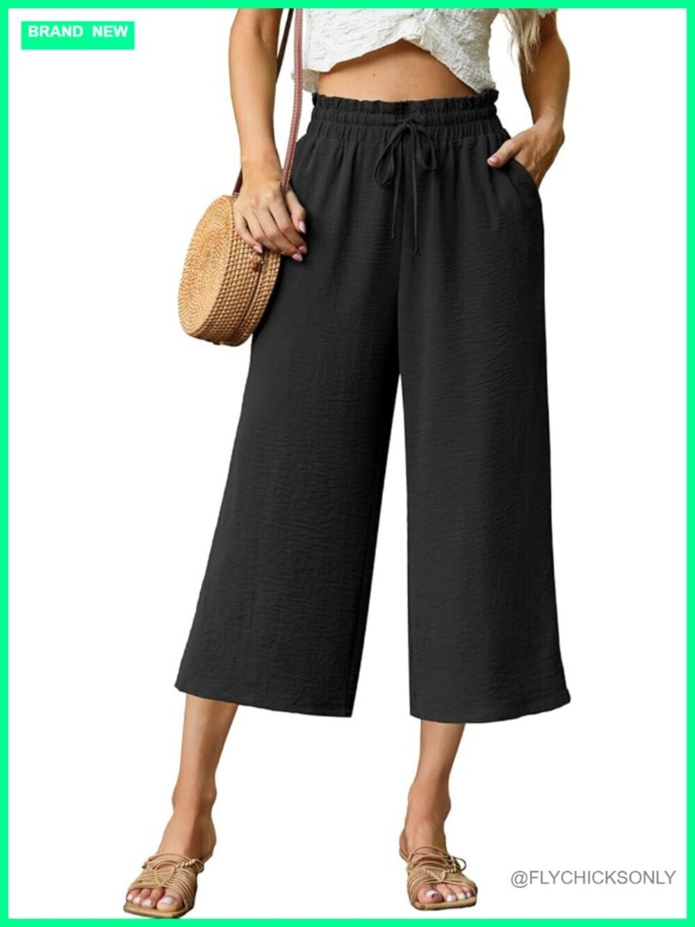 High Waisted Wide Leg Capri Pants with Pockets Drawstring